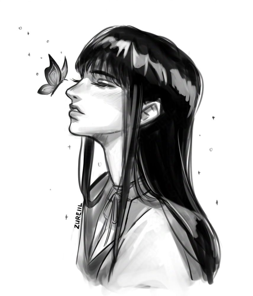 Black and white digital sketch of a girl with long black hair. She’s slightly tilting upward, near the tip of her nose is a butterfly.