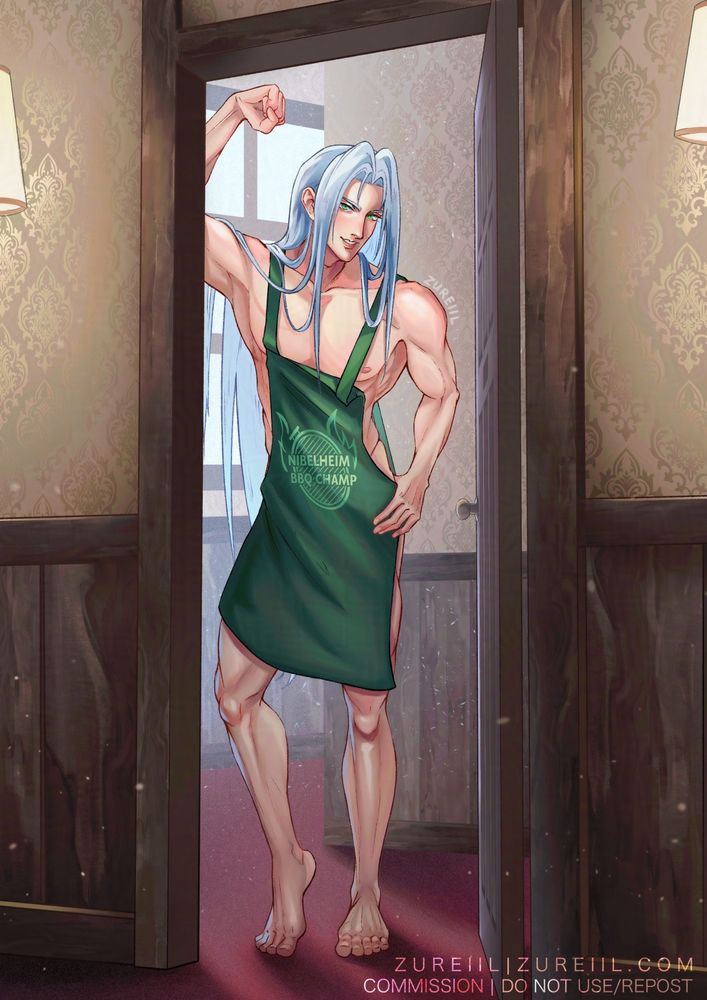 Lined art commission artwork of Sephiroth from Final Fantasy 7. He’s leaning by a door with nothing but an apron on