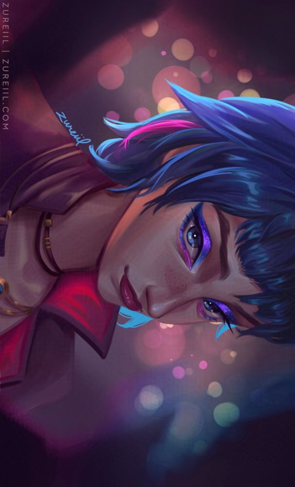 Fanart of Jinx from Arcane Season 2. She’s wearing blue and purple eye makeup and staring into the viewer. She’s framed between dark silhouettes that suggests she’s in a crowd. Behind her are bokeh lights. The scene is inspired from Arcane Season 2 Episode 7.