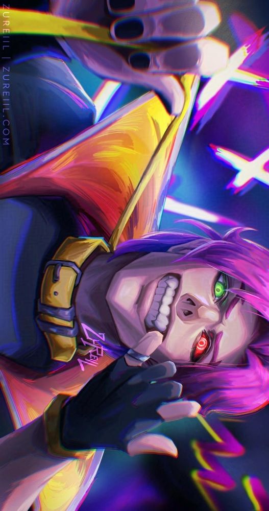 Fanart of Heartsteel Kayn from League of Legends. His gloved hand is tugging at his lips, as if to make his smile wider. While his right hand is pulling on the leash connected to his collar. Behind him is the symbols on Rhaast’s mask.