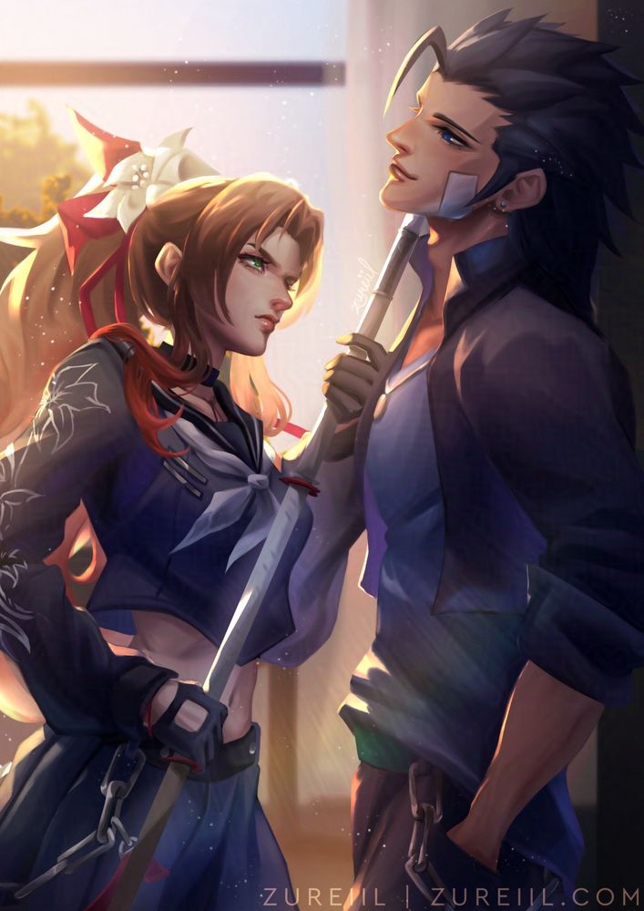 Fanart of Aerith Gainsborough and Zack Fair from Final Fantasy 7 Ever Crisis’ Academy AU