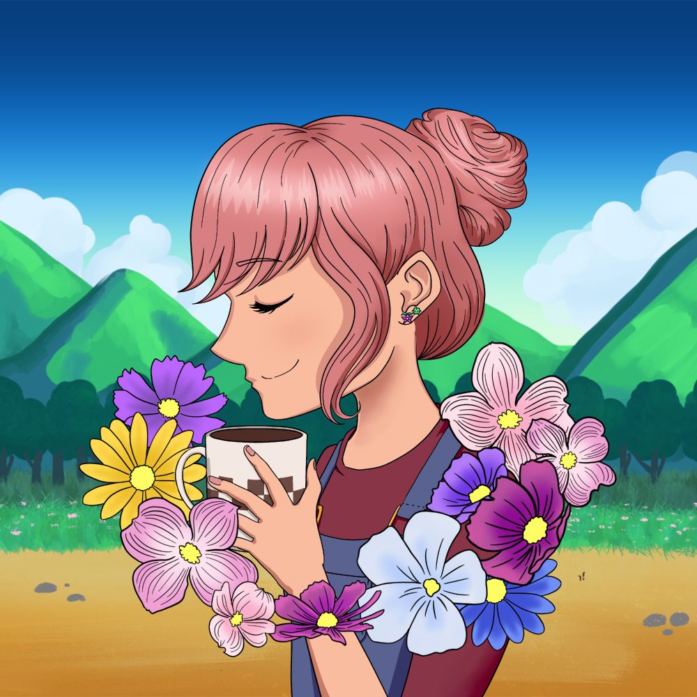 An avatar of Coffee Date, a producer and multi-instrumentalist under the Game Chops label. She stands with her profile facing left, smiling and breathing in from the mug in her hands. She is surrounded by a variety of flowers around her shoulders and arms with the Stardew Valley background in the distance