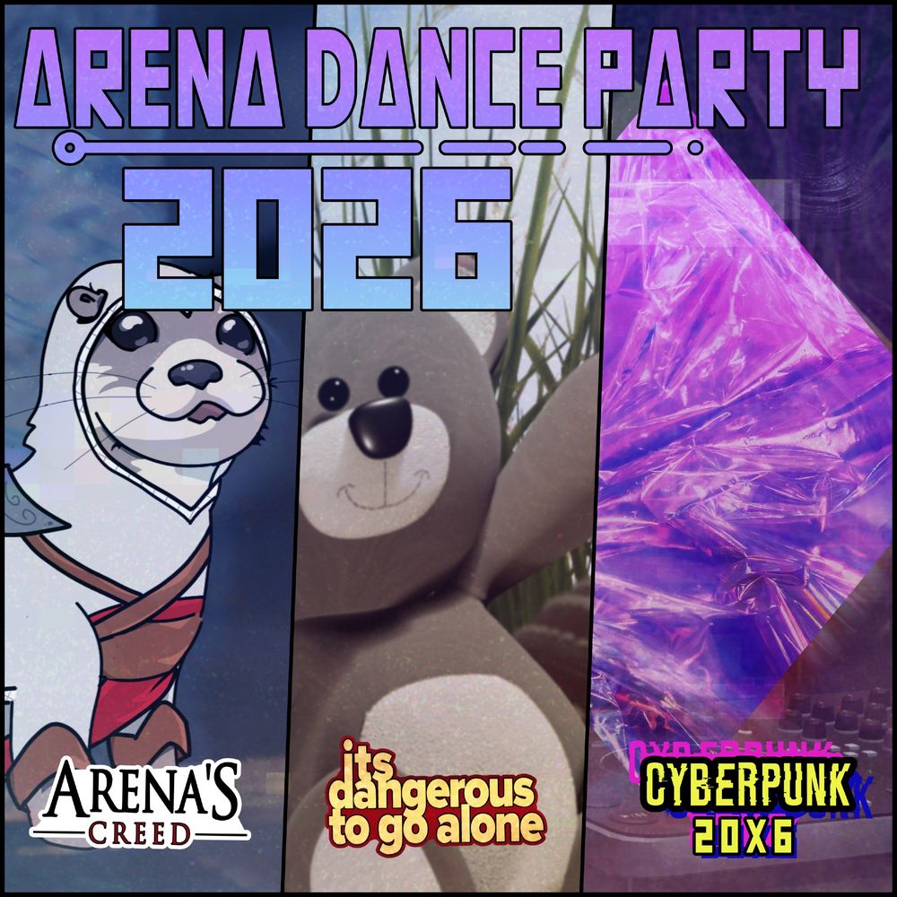 An image, split into three sections, displaying each Super MAGFest Arena dance party theme.