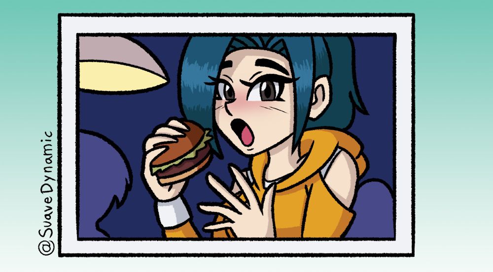 A Photograph of a young woman caught eating a burger. 

This was made to mimic a Sailor Moon screenshot. 

OC is Freya