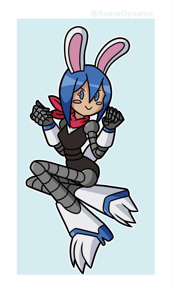 A robot bunny-girl, sat in a pin-up style pose