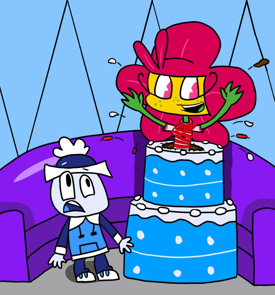Florea jumps out of the giant birthday cake much to Parum's shock.