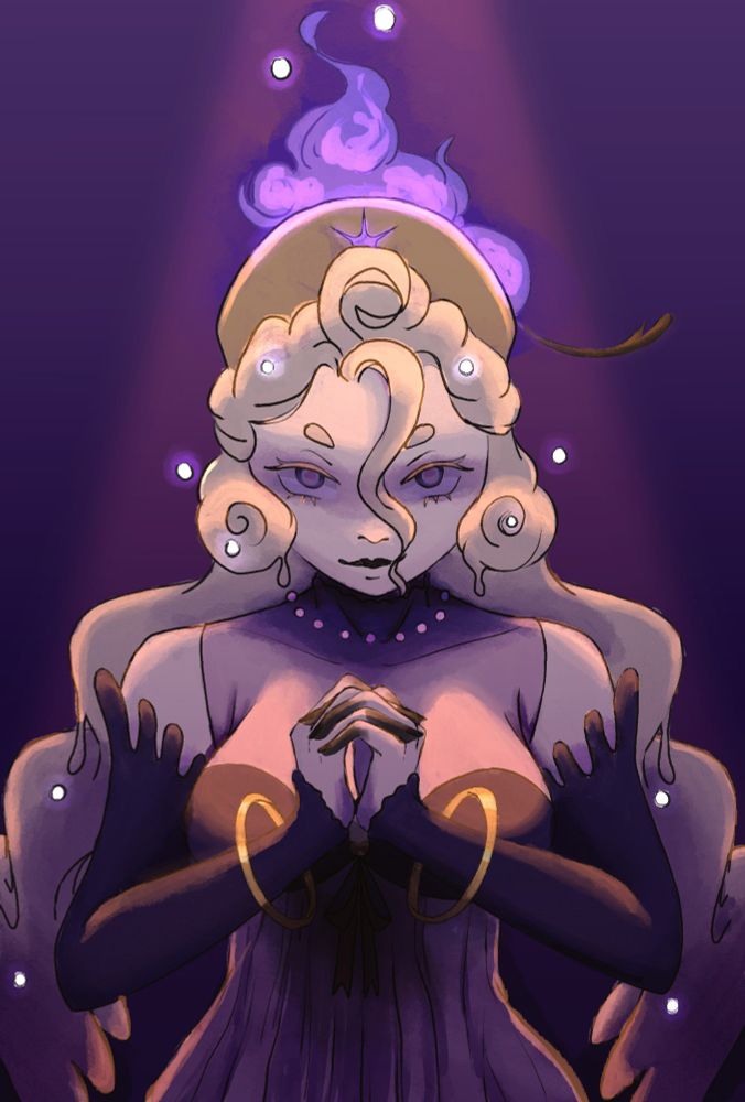 This is a photo of the vtuber Other mornings she is a white haired candle angel vtuber she has her hands clasped together as if in prayer but she is looking at the viewer as if she just noticed them. The room is dramatically lit with a spotlight over her head, illuminating her. 