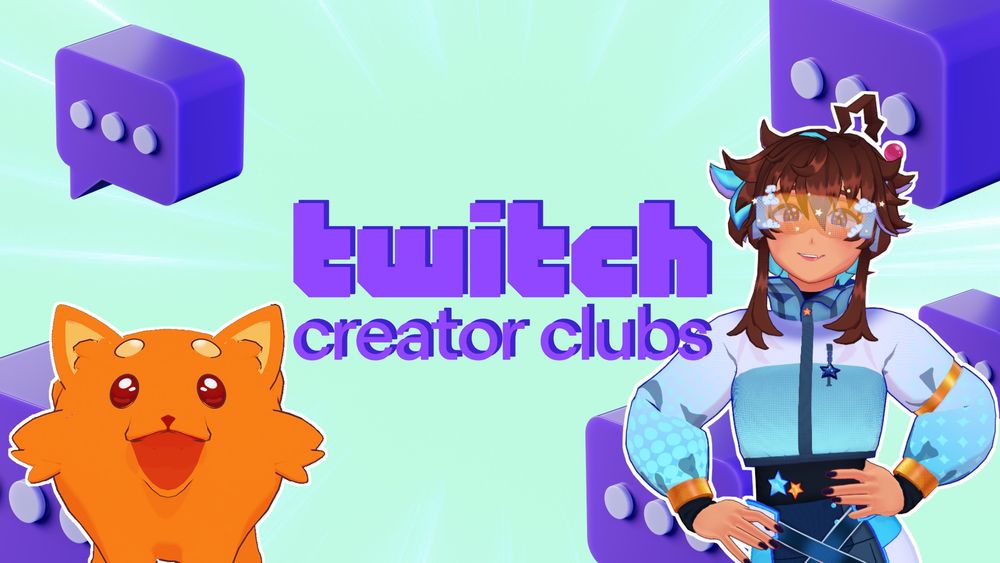  This is Kaien, a vtuber with brown hair and a yellow visor and a star-shaped ahoge They are with their mascot Kompie, an small round dog with a jello like Consistency.  They are both standing in front standing in front of a background that states Twitch Creator clubs.