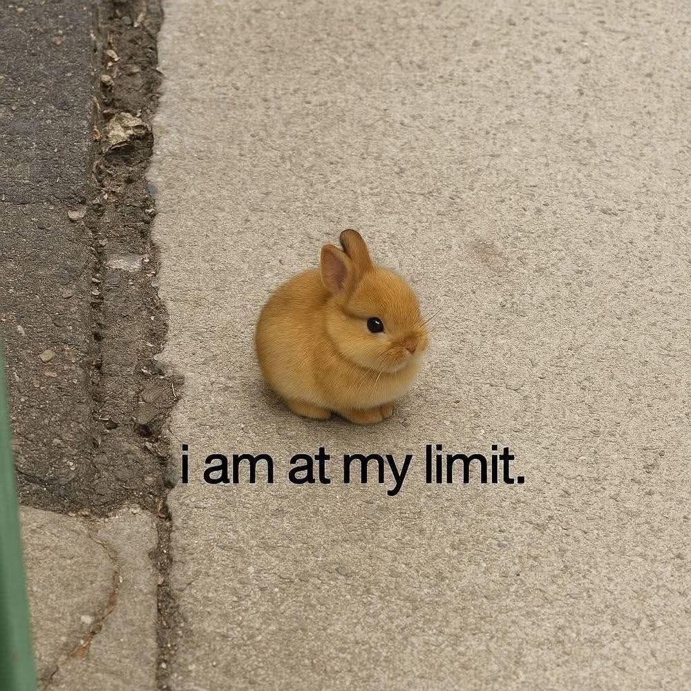 Image of a very small baby bunny on a sidewalk, with a caption reading "I am at my limit"
