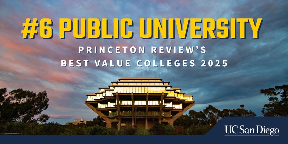 Promotional banner for UC San Diego, featuring the Geisel Library at dusk with clouds in the sky, celebrating its ranking as #6 Public University by Princeton Review's Best Value Colleges 2025.