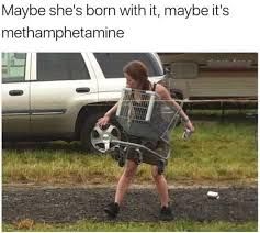 A woman wearing a shopping cart with "maybe she's born with it, maybe it's methamphetamine" written at the top.