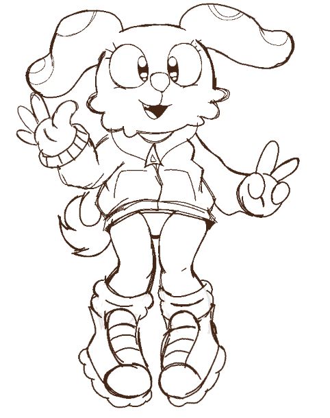 Colorless sketch of Bea wearing a hoodie and no pants.