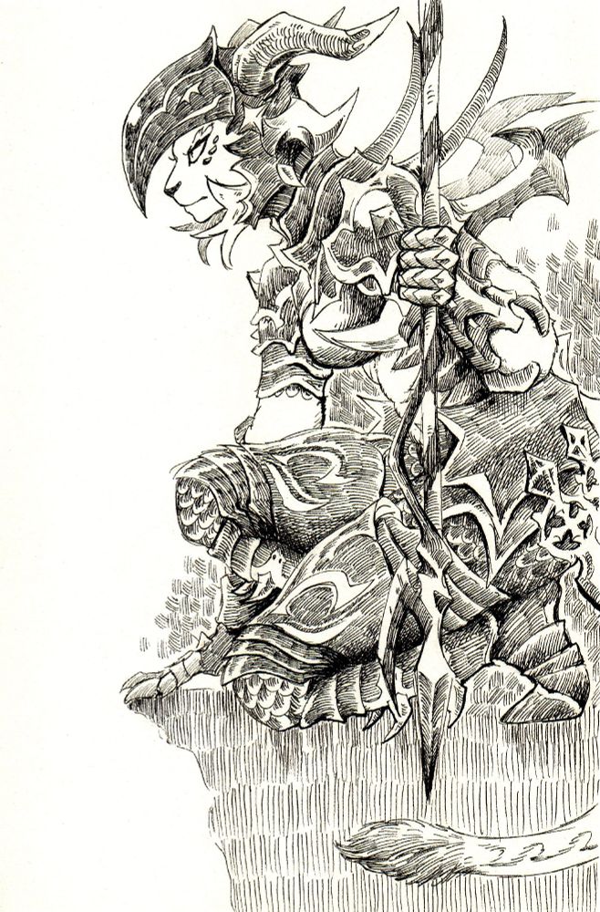 Fineliner drawing of a hrothgar Dragoon crouching and holding a spear. 