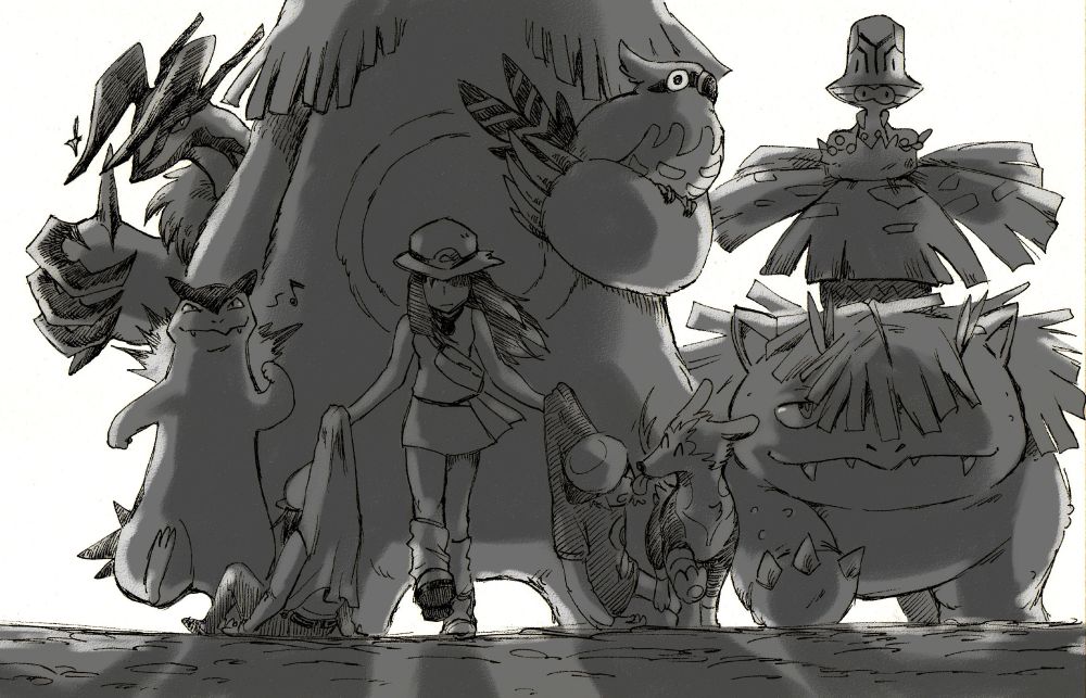 Uhkaava pelaajahahmo ja Pokemon-tiimi pitäen sisällään Typhlosionin, Yveltalin, Ursaringin, Boltundin, Talonflamen, Beheeyemin ja Venusaurin.
