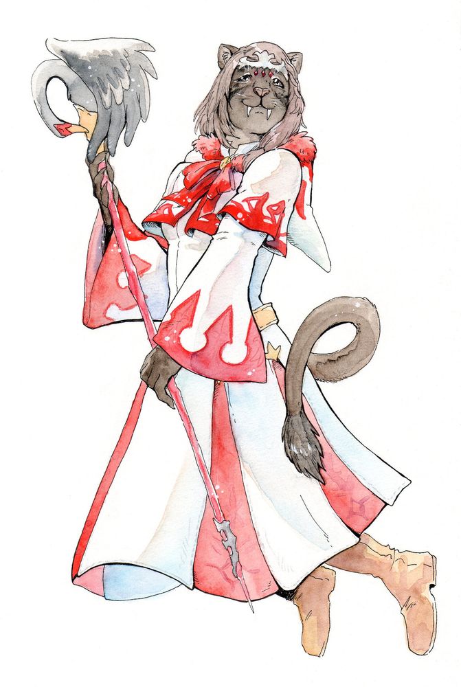 An ink and watercolour drawing of a smiling hrothgar lady in White Mage's lvl50 class gear, and Swanliege cane. 