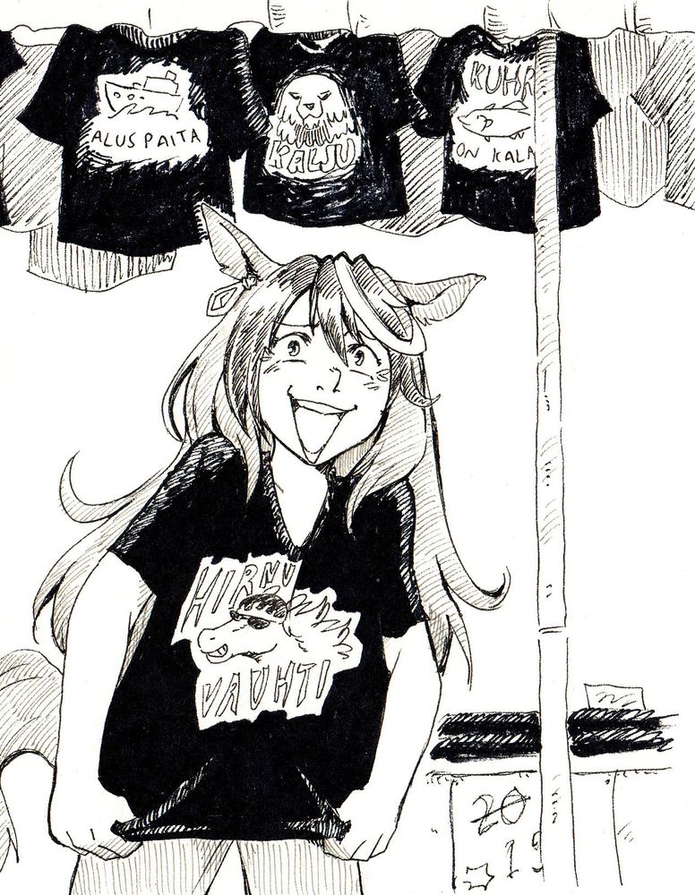 Symboli Rudolf laughing her ass off while wearing a shirt saying "hirnu vauhti" ('hirmu vauhti' meaning terrifying speed in Finnish, 'hirnu' making it kinda like neigh speed).