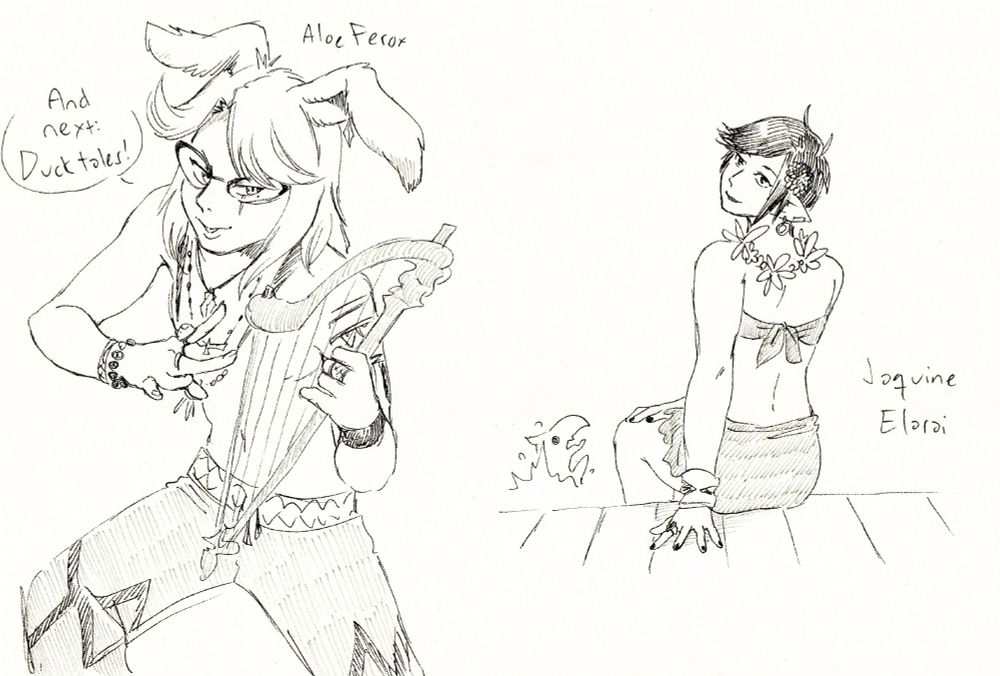Aloe Ferox about to bust some sick tunes (Ducktales), and Jaquine Elarai sitting by the pool while lil chocobo is enjoying(?) the swim.