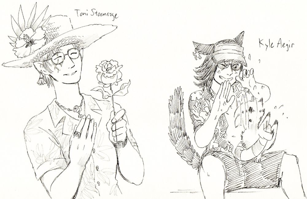 Toni Stormrage admiring the beauty of a rose, and Kyle Aegir getting sopping wet due to aforementioned chocobo chick's drying process.