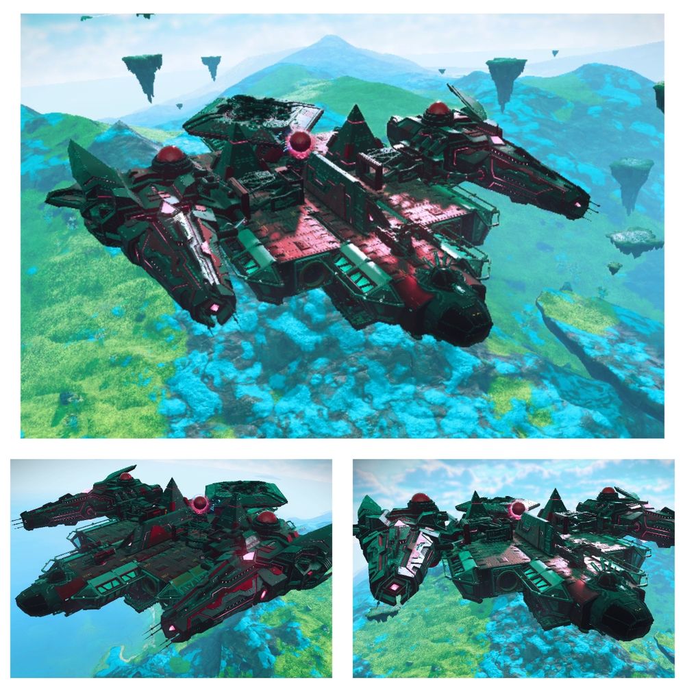 A collage of Murro's WIP Aeron Corvette in No Man's Sky. 