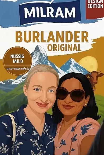 Alice Weidel mit ihrer Partnerin vor dem Matterhorn stilisiert dargestellt auf Milram Käse Verpackung 