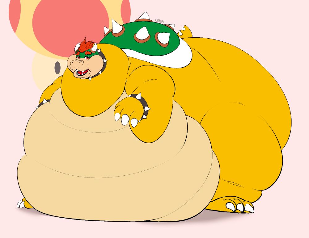 Bowser holding onto his fat from mega mushrooms binge enjoying his day ended up with flab