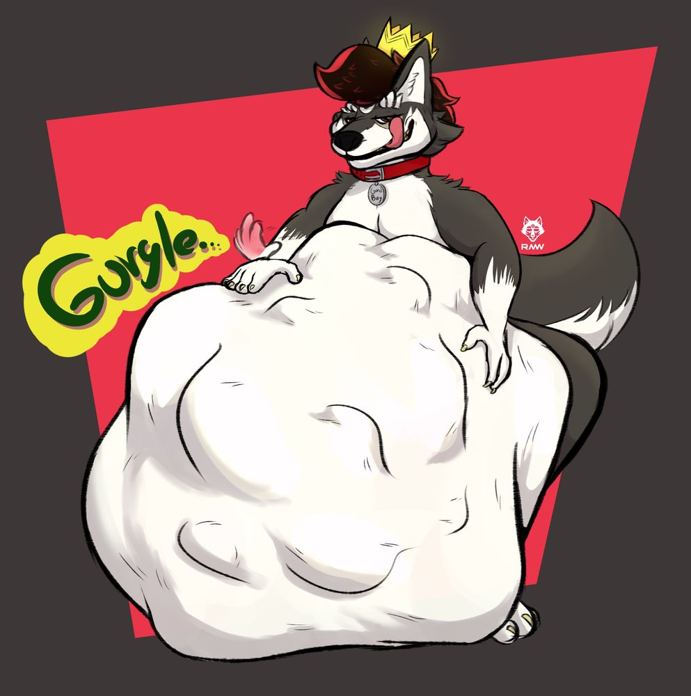 My sona Richard Wolf after a full meal of preys, his stomach stretches over the bulges and making a loud noise (GURGLE) with a crown from Fall Guys over his head.

This is an old pic used for Wolf Day in 2022 and will have a sequel for Vore day 2025.