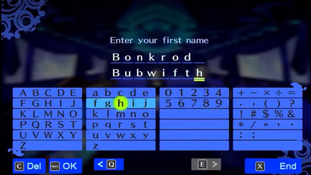 Persona name entry screen with the name Bonkrod Bubwifth entered