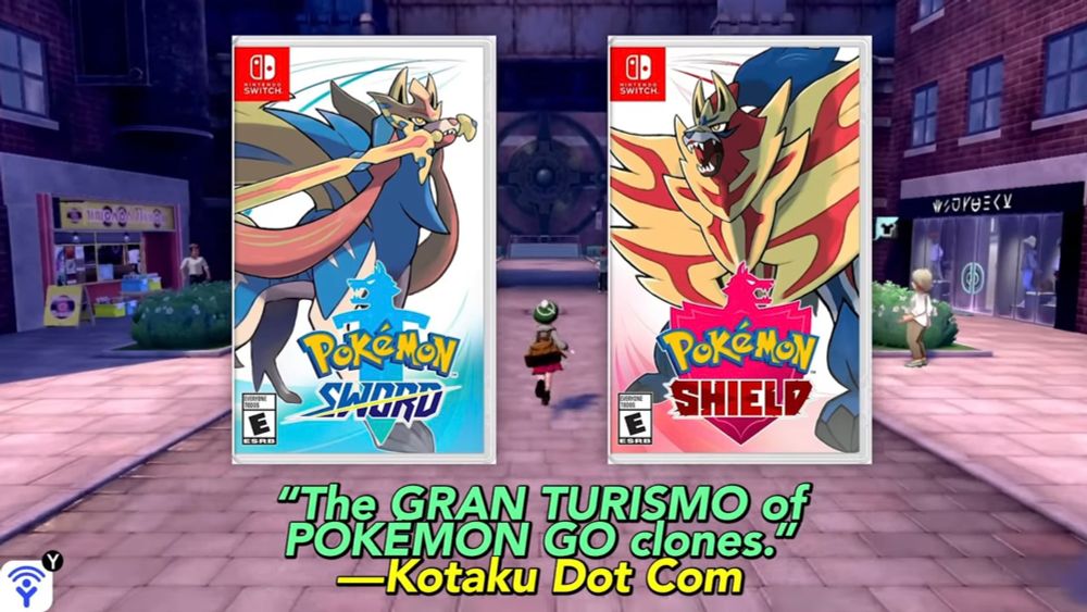 Pokémon Sword and Shield’s boxes, captioned “The GRAN TURISMO of POKEMON GO clones. —Kotaku Dot Com”
