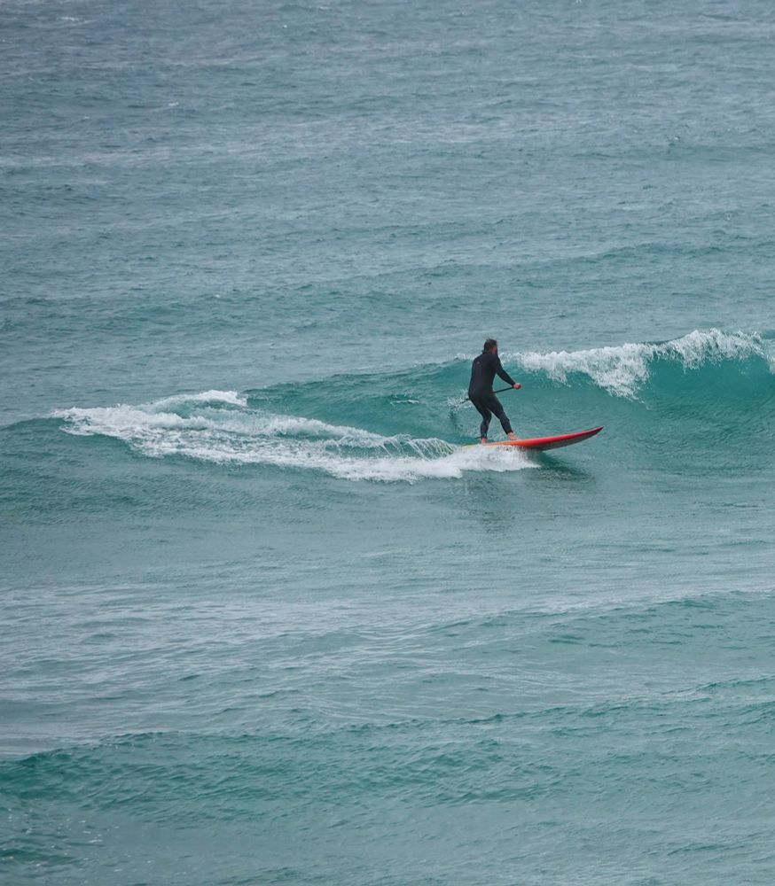 A stand up paddle boarder rides the side of a wave in the sea.
