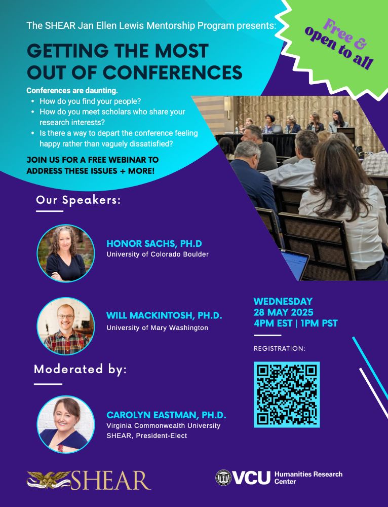 a purple flyer with tourqouise details, featuring a picture of a conference panel and audience, along with three headshots, one of a man with short blond hair and glasses, one of a woman with brown straight hair and a blue dress, and one of a woman with brown curly hair and a black shirt. 