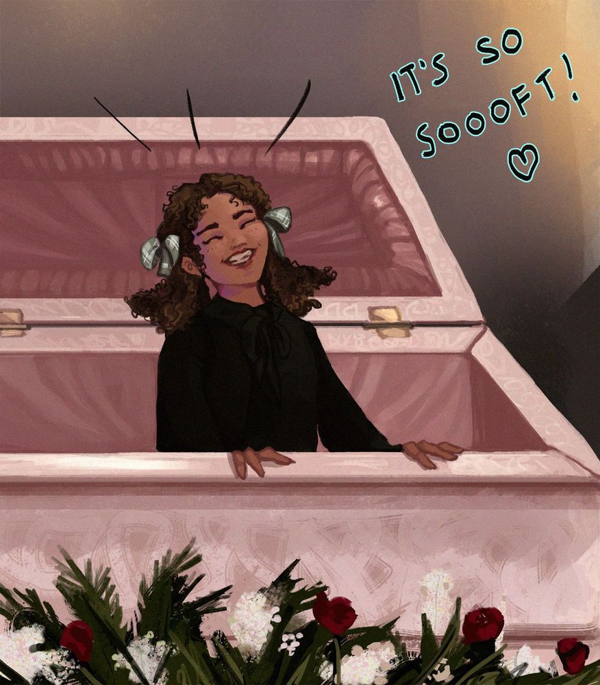 Claudia testing her pink coffin. "It's so soft!"