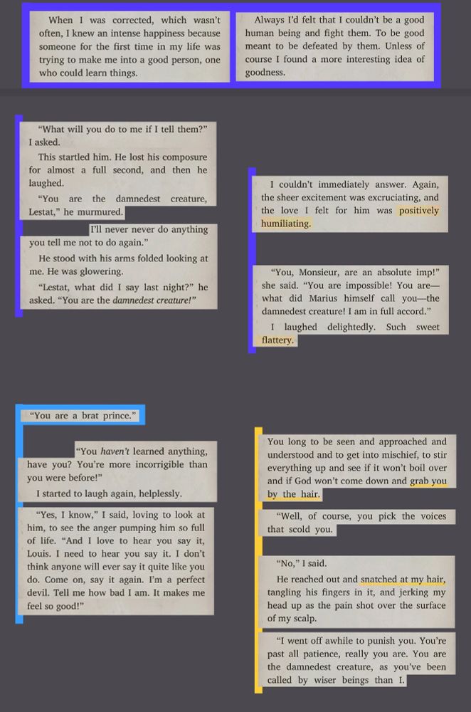 Examples of book Lestat's brattiness and his reactions to getting scolded, humbled or degraded.