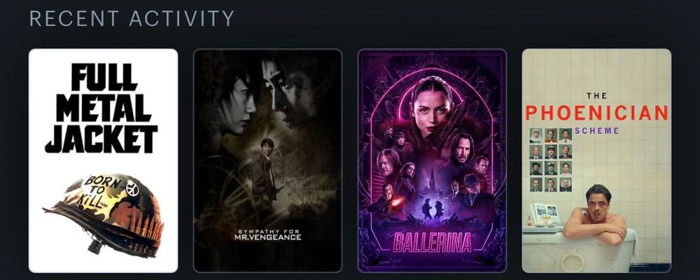 Movie posters for Full Metal Jacket, Sympathy for Mr. Vengeance, Ballerina, and The Phoenician Scheme