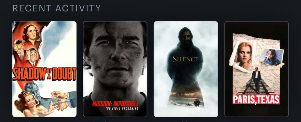 Movie posters for Shadow of a Doubt, Mission Impossible: The Final Reckoning, Silence, and Paris, Texas