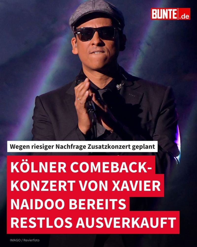 Man sieht Xavier Naidoo mit Schiebermütze und Sonnenbrille.
Er beißt sich auf die Unterlippe und hält mit beiden Händen ein Mikro.

Text:
Wegen riesiger Nachfrage Zusatzkonzert geplant.
Kölner Comeback-Konzert von Xavier Naidoo bereits restlos ausverkauft. 