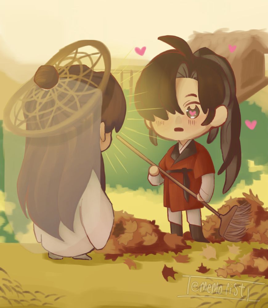 A chibi-ish continuation of the last image. Xie Lian faces away from the camera and towards Hua Cheng (in his "San Lang form"), who is brushing up piles of leaves