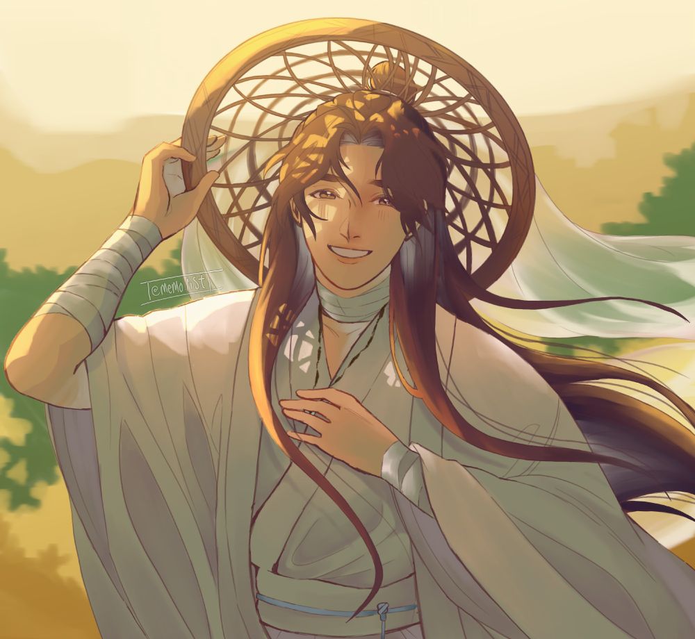 Xie Lian from Heaven Officials Blessing (TGCF). He has one hand to his chest as the other holds his hat to his head, he is smiling