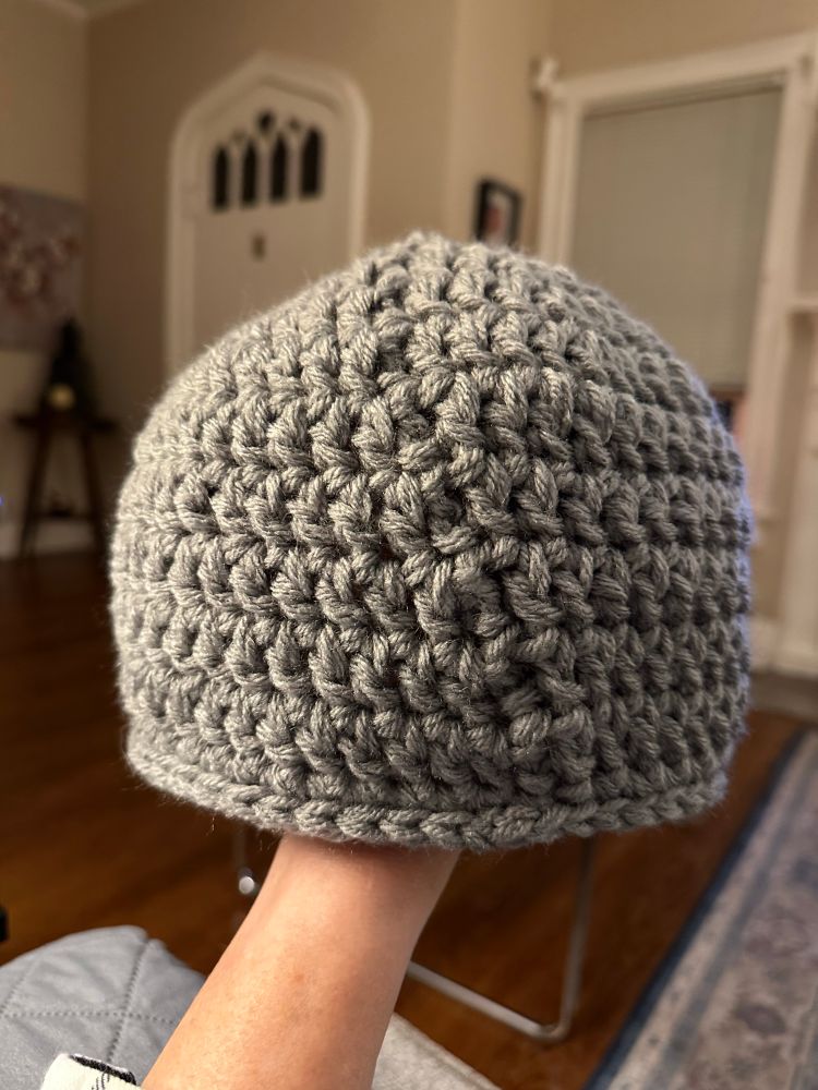 Image of the outside of a double-crocheted double stranded beanie. 