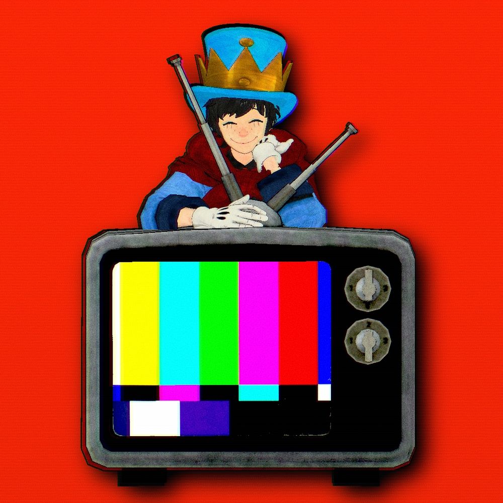 "My Ego Wired in the CRT."

Based off of the 2nd Static video cover.
https://www.youtube.com/watch?v=KlTNKOnfXFk