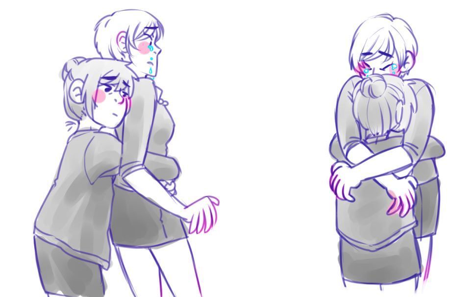 A two panel low-color fanart drawing of Kate Marsh and Victoria Chase from Life is Strange.

Panel 1: A shot from the side of Kate hugging Victoria from behind. The top of Kate’s head is shoulder-height to Victoria. A pink blush is visible on her cheeks and her arms are wrapped tightly around Victoria’s waist. Victoria’s eyes are wide and a pink blush and a trail of blue tears are visible on her cheek.

Panel 2: A shot from behind Kate, Victoria has turned around now and is returning Kate’s hug, her arms around Kate’s neck and hanging down her back. Vic’s eyes are closed as she cries into Kate’s hair.
