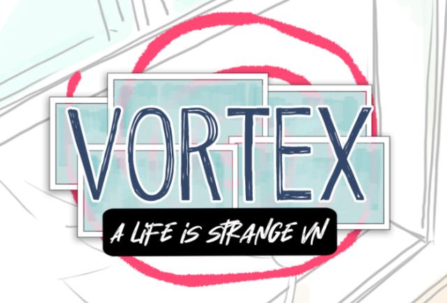 A colored drawn title screen featuring 5 overlapping mirrors made of blue glass on white frames, overlaid atop a pink spiral reminiscent of the iconic symbol used in Life is Strange. In the background is a closed window, with the “viewer” angled down as though looking outside. The following text is displayed in the foreground, the lettering is dark blue, in all-caps using a large, stylistic font:

“VORTEX”

Followed by smaller, italicized white text over a rectangular solid black backdrop:

“A Life is Strange VN”
