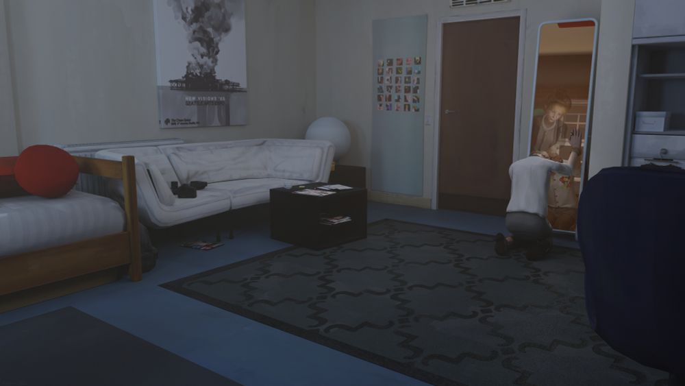 A 3d rendered fanart of Victoria Chase and Kate Marsh from Life is Strange. Victoria is in her dorm room, kneeling in front of a standing mirror with her head down in a crying posture, her hand resting on the glass. In the reflection, Kate's ghost is standing behind her, smiling softly and stroking Victoria's hair.