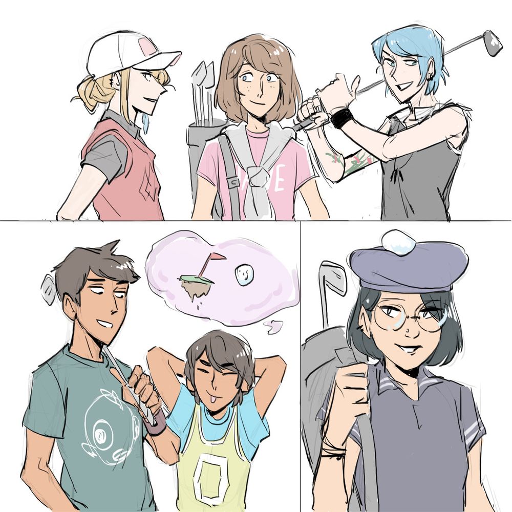 (cont.) a 3 panel drawing featuring Rachel Amber, Max Caulfield, Chloe Price, Sean & Daniel Diaz, and Alex Chen. 

Panel 1: Rachel (left), Max (center), and Chloe (right) smiling while dressed in golf attire. Rachel is wearing her hair in a messy bun under a white baseball cap, and a red vest over a gray top. Max is wearing a pink "Jane Doe" top with her gray hoodie tied by the arms around her neck, and has a golf bag slung over her right shoulder. Chloe is wearing a gray top with a white collar, a 3-bullet necklace and a black bracelet, and is holding a golf club like a baseball bat.

Panel 2: Sean is laughing at Daniel, who has his hands behind his head and is sticking out his tongue. 

Sean is wearing a green t-shirt featuring with a white cartoon fish and a gray bracelet, holding a golf club resting over his left shoulder. Daniel is wearing a yellow jersey over a turquoise top.

Panel 3: Alex is smiling, wearing a gray and white striped top, a gray beret, and carrying a golf bag.