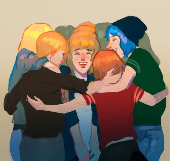 A colored fanart drawing of Kate Marsh, Victoria Chase, Max Caulfield, Chloe Price, and Taylor Christensen from Life is Strange. The girls are standing in a circle with the arms wrapped around each other in a group hug, with Kate in the center. Kate is laughing with her eyes closed and tears on her cheeks, her arms pressed into her sides by the surrounding girls. Victoria is smiling and gazing affectionately at Kate. Chloe is laughing with her eyes closed. Max and Taylor’s faces aren’t visible. 

Indistinct figures can be seen in the background completing the circle around Kate.
