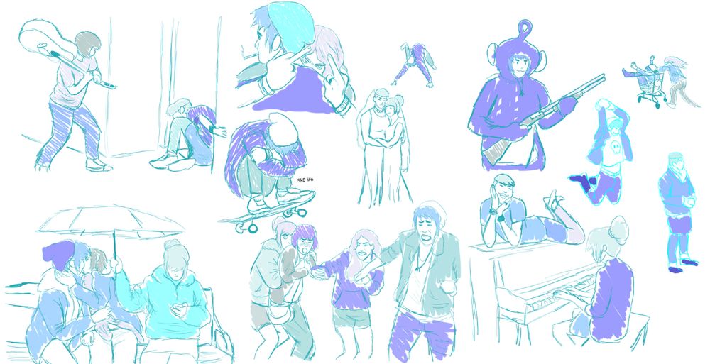 A color fanart drawing featuring characters from Life is Strange.

* Max Caulfield standing over a prone Victoria Chase, her guitar raised overhead ready to strike

* Rachel Amber hugging Chloe Price, raising two middle fingers at the camera behind Chloe's back.

* Chloe crouched on a skateboard, hugging herself and crying

* Victoria and Kate Marsh in wedding gowns, smiling and embracing

* Chloe in a teletubby costume, holding a shotgun

* Rachel running and pushing Chloe in a shopping cart

* Chloe leaping into the air, about to bring a blunt object down on Victoria's head

* Kate sitting on a park bench, holding an umbrella over Max and Chloe while they kiss

* Chloe pulling Rachel by the hand, who is pulling Max, who is being held from behind by Kate

* Kate playing the piano while Vic lays on top of it, her feet up and her face propped on her hands, beaming down at Kate