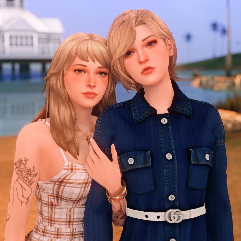 A series of Sims 4 custom content fanart images of Kate Marsh and Victoria Chase from Life is Strange. The shots are taken selfie style, with Kate and Victoria standing side by side on the beach, smiling at the camera. Kate is cuddled up to Victoria with her left arm looped under Victoria's right.

Kate is wearing her chest-length hair down, with a a white and brown plaid spaghetti-strap dress, a cross necklace, a gold bracelet on her left wrist, and open-toed sandals. 

Victoria's chin-length hair is swept to the right side. She's wearing a blue denim dress with a white gucci belt and black heeled mid-calf length boots.

A house on stilts in the water and palm trees can be seen in the background.