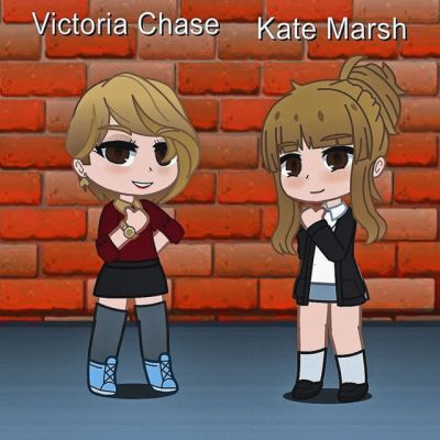 A fanart image in computer-generated paper-doll style of Victoria Chase and Kate Marsh from Life is Strange. Both are flushed and smiling at the camera, with Victoria to Kate's right, and have one hand behind their backs with the other on their chest. A brick wall is visible in the background.

Victoria's neck-length hair is swooped to the left side of her face and she is wearing a red cashmere top with a gold collar, a black miniskirt, gray thigh highs, blue sneakers, and a gold watch on her right wrist. Kate's waist-length hair is worn down on the sides, and tied up into a messy bun in back, and she is wearing an unbuttoned black top over a white blouse, white socks and black shoes. 