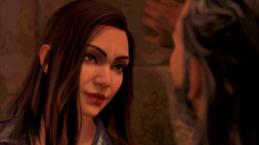 Tamsin, a Dragon Age: The Veilguard player character. Femme-presenting with long brown hair and pale skin, looking at Lucanis Dellamorte, who is facing away and mostly off screen.