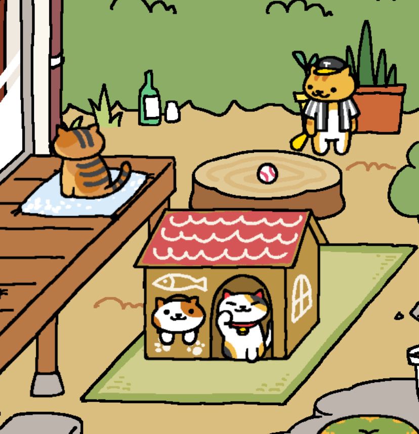 Screenshot from neko atsume featuring Ms. Fortune and Joe DiMeowgio