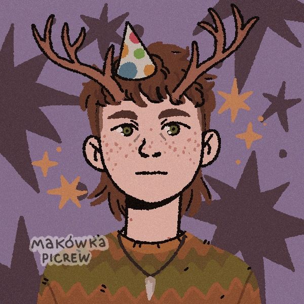 picrew of a person with pale skin and freckles. they have a brown mullet and antlers, and theyre wearing a brown patterned sweater with a knecklace. the background is purple with explosion patterns in a very dark purple.